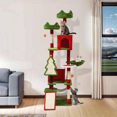 Show full view: Wooflex Christmas Decor 75-in Fleece Cat Tree Tower & Condo with Top Perches Hammock & Scratching Posts, Red slide 8 of 8
