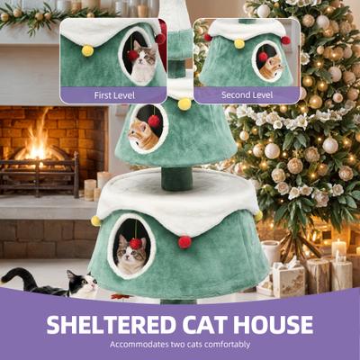 Show full view: Wooflex 2-Tier Christmas Play Activity Center 63-in Fleece Cat Tree Tower with Festive Teaser Toy, Green slide 4 of 10