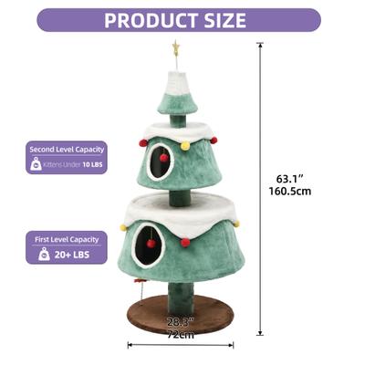 Show full view: Wooflex 2-Tier Christmas Play Activity Center 63-in Fleece Cat Tree Tower with Festive Teaser Toy, Green slide 2 of 10