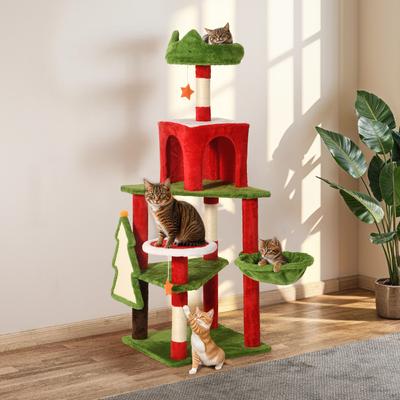 Show full view: Wooflex Christmas Decor 54-in Fleece Cat Tree Tower & Condo with Top Perches Hammock & Scratching Posts, Red slide 7 of 9