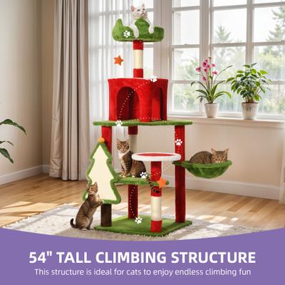 Show full view: Wooflex Christmas Decor 54-in Fleece Cat Tree Tower & Condo with Top Perches Hammock & Scratching Posts, Red slide 5 of 9