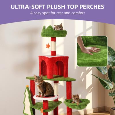 Show full view: Wooflex Christmas Decor 54-in Fleece Cat Tree Tower & Condo with Top Perches Hammock & Scratching Posts, Red slide 4 of 9