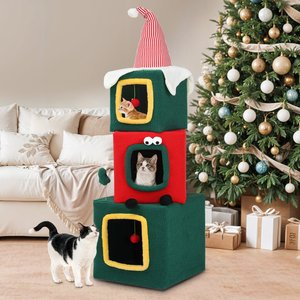 Wooflex Christmas Play Activity Center with Plush Ball 60-in Fleece Cat Tree & Condo with House, Green