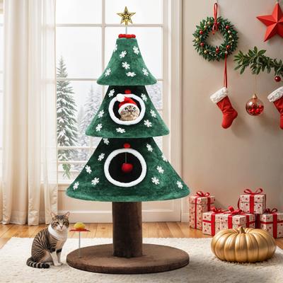 Show full view: Wooflex 2-Tier Festive Cute Christmas 52-in Fleece Cat Tree Tower & Condo with Teaser Toy, Green slide 6 of 9