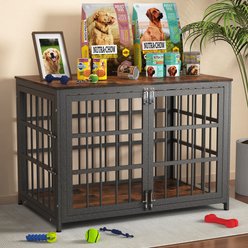 Xbrigh Heavy Duty Indoor Wooden Furniture Style End Table Dog Crate with Multiple Secure Locks, Aged Black, Medium: 38 inch