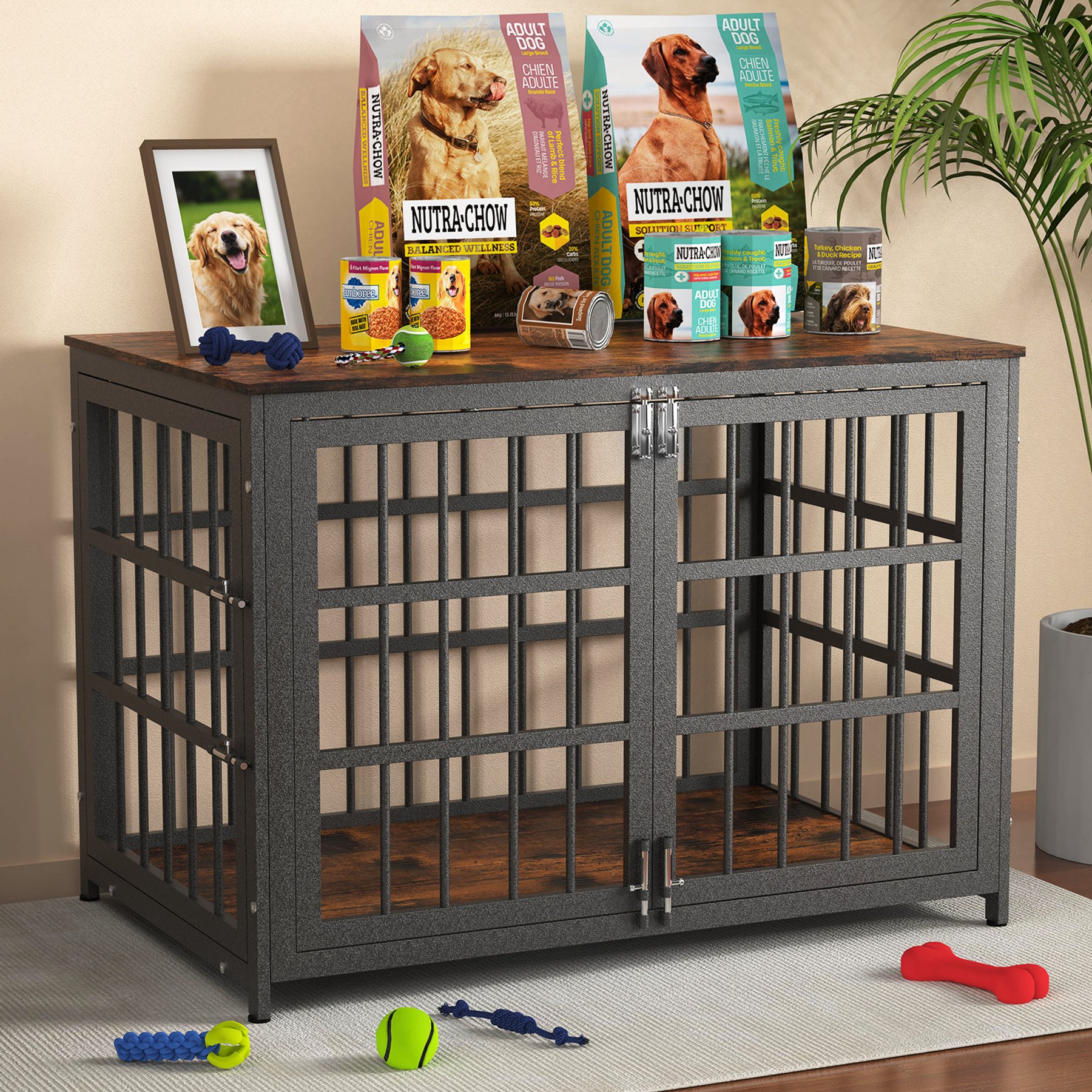 Xbrigh Heavy Duty Indoor Wooden Furniture Style End Table Dog Crate with Multiple Secure Locks, Aged Black, Medium: 38 inch