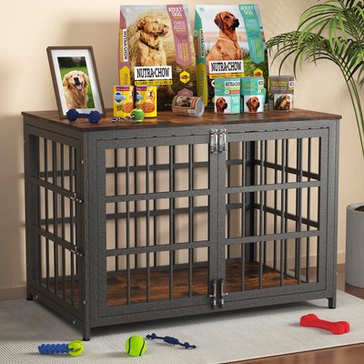 Xbrigh Xbrigh Heavy Duty Indoor Wooden Furniture Style End Table Dog Crate with Multiple Secure Locks, Aged Black, Medium: 38 inch