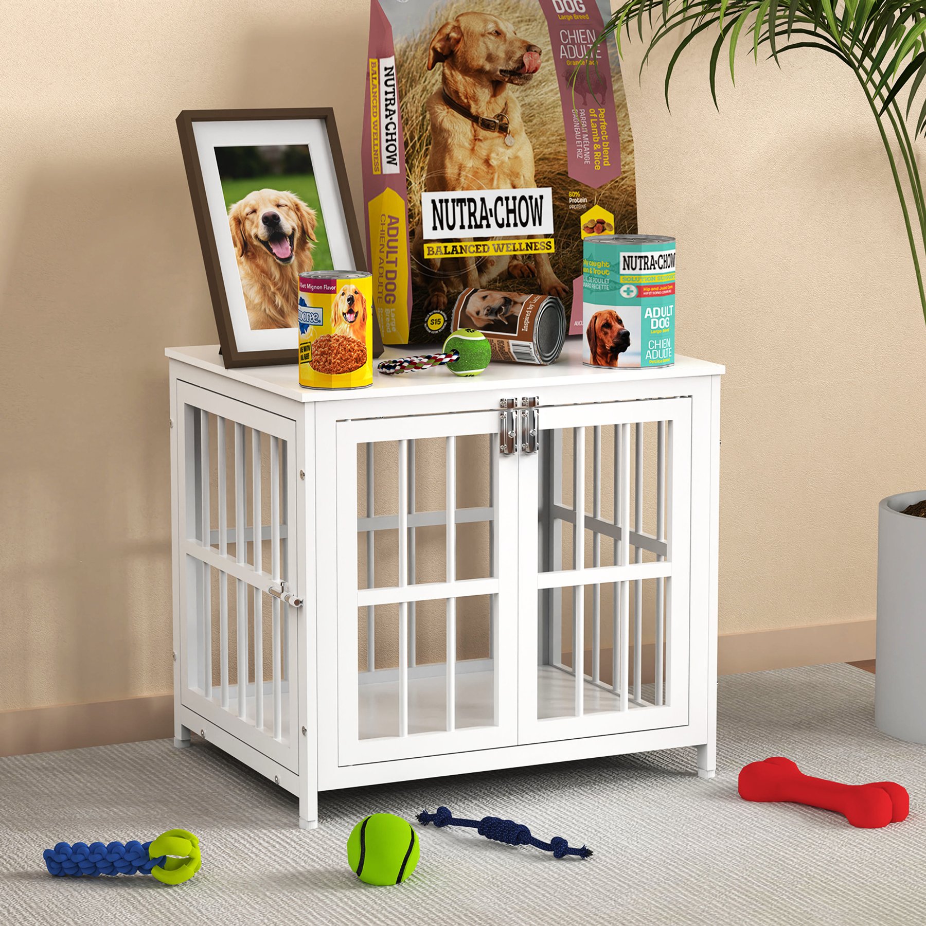 Xbrigh Double-Door Furniture Style Side Table Dog Crate, White, X-Small: 26 inch