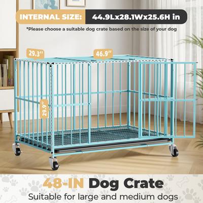 Show full view: Xbrigh Indoor Heavy Duty Steel Escape Proof Double Door Dog Crate with Removable Tray & Wheels, Blue, 48 inch slide 4 of 9
