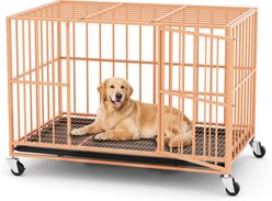 Xbrigh Indoor Heavy Duty Steel Escape Proof Double Door Dog Crate with Removable Tray & Wheels, Orange, 48 inch
