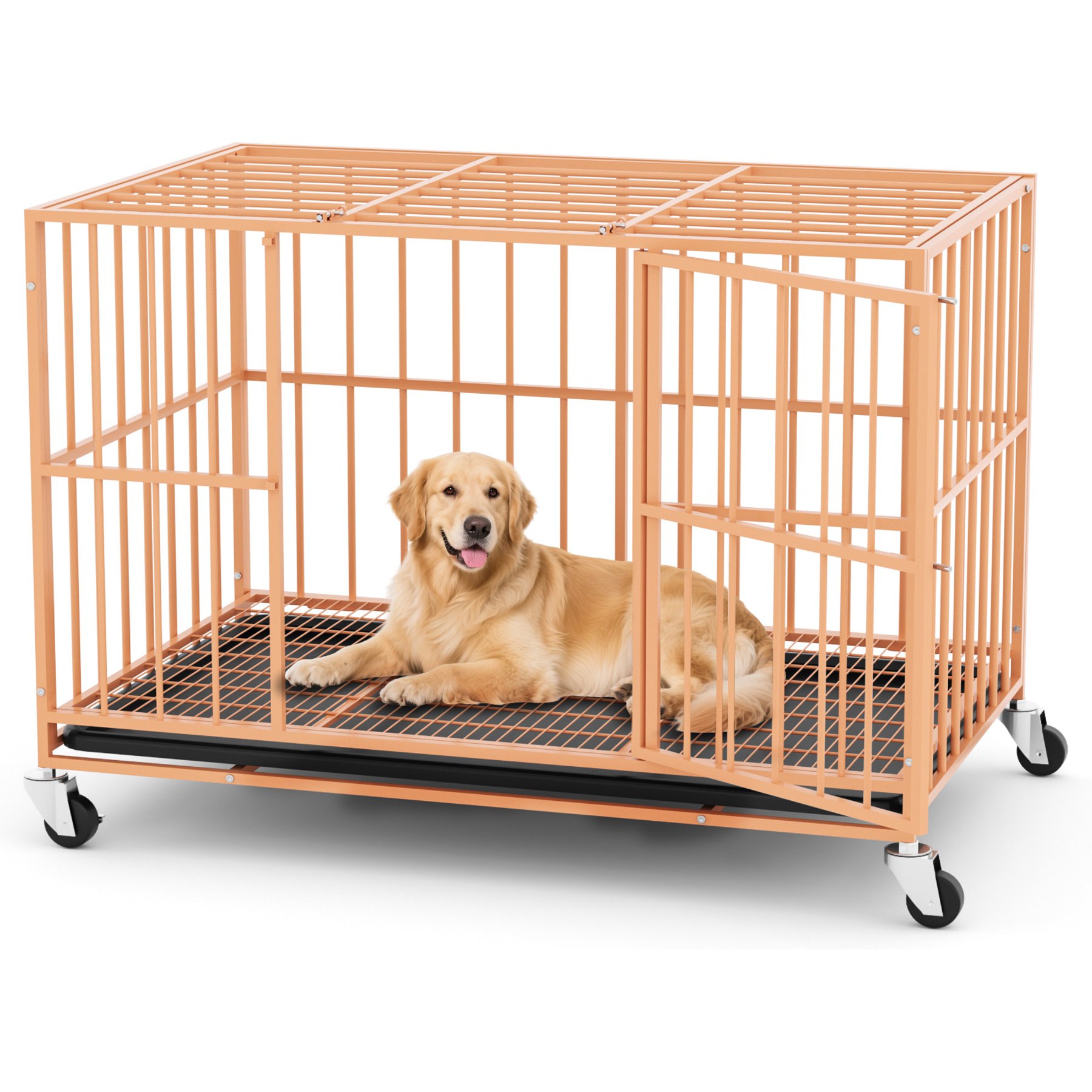 Xbrigh Indoor Heavy Duty Steel Escape Proof Double Door Dog Crate with Removable Tray & Wheels, Orange, 48 inch