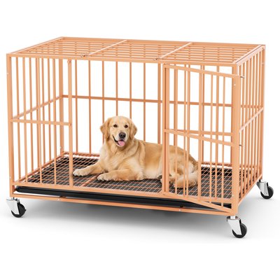 Xbrigh Indoor Heavy Duty Steel Escape Proof Double Door Dog Crate with Removable Tray & Wheels, Orange, 48 inch