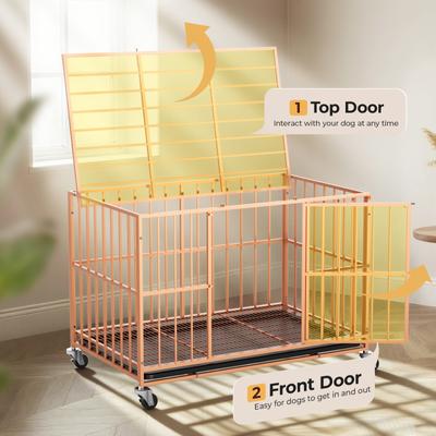 Show full view: Xbrigh Indoor Heavy Duty Steel Escape Proof Double Door Dog Crate with Removable Tray & Wheels, Orange, 48 inch slide 3 of 9