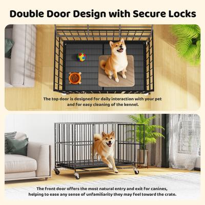 Show full view: Xbrigh Indoor Heavy Duty Steel Escape Proof Double Door Dog Crate with Removable Tray & Wheels, Black, 42 inch slide 5 of 9