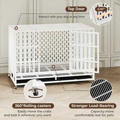 Show full view: Xbrigh Indoor Indestructible Heavy Duty Steel Escape Proof Double Door Dog Crate with Removable Tray & Wheels, White, 48 inch slide 4 of 5