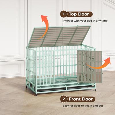 Show full view: Xbrigh Heavy Duty Indestructible Escape Proof Steel Double Door Dog Crate with Wheels & Removable Tray, Large: 48 inch, Green slide 2 of 6