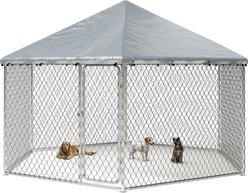 Xbrigh Heavy Duty Outdoor Galvanized Enclosure Dog Kennel with Waterproof Cover & Security Lock, Silver, Large