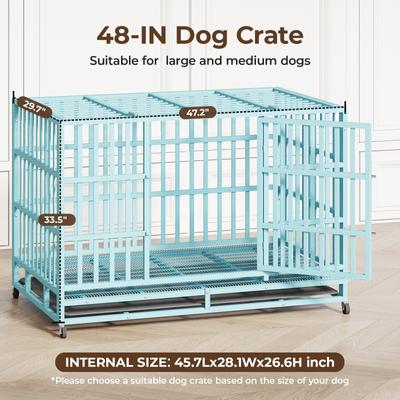 Show full view: Xbrigh Heavy Duty Indestructible Escape Proof Steel Double Door Dog Crate with Wheels & Removable Tray, Large: 48 inch, Blue slide 3 of 6