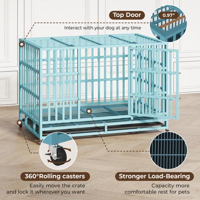 Show full view: Xbrigh Heavy Duty Indestructible Escape Proof Steel Double Door Dog Crate with Wheels & Removable Tray, Large: 48 inch, Blue slide 4 of 6