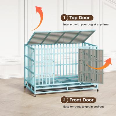 Show full view: Xbrigh Heavy Duty Indestructible Escape Proof Steel Double Door Dog Crate with Wheels & Removable Tray, Large: 48 inch, Blue slide 2 of 6