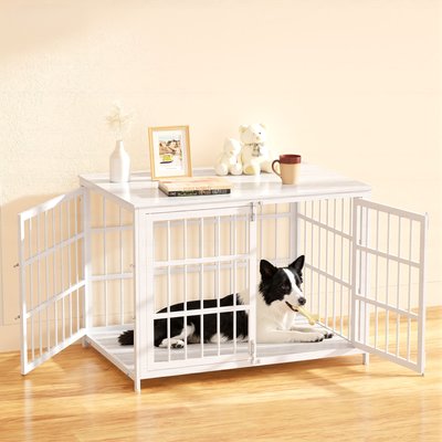Xbrigh Xbrigh Heavy Duty Indoor Wooden Furniture Style End Table Dog Crate with Multiple Secure Locks, White, Large: 42 inch