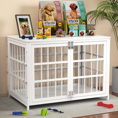 Xbrigh Xbrigh Heavy Duty Indoor Wooden Furniture Style End Table Dog Crate with Multiple Secure Locks, White, Medium: 38 inch