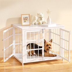 Xbrigh Heavy Duty Indoor Wooden Furniture Style End Table Dog Crate with Multiple Secure Locks, White, Small: 32 inch