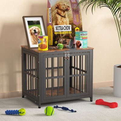 Xbrigh Xbrigh Heavy Duty Indoor Wooden Furniture Style End Table Dog Crate with Multiple Secure Locks, Aged Black, X-Small: 26 inch