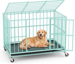 Xbrigh Indoor Heavy Duty Steel Escape Proof Double Door Dog Crate with Removable Tray & Wheels, Green, 48 inch