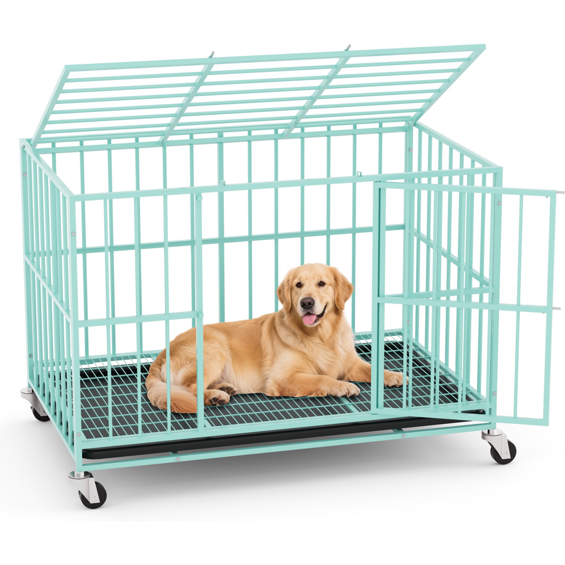 Xbrigh Indoor Heavy Duty Steel Escape Proof Double Door Dog Crate with Removable Tray & Wheels, Green, 48 inch