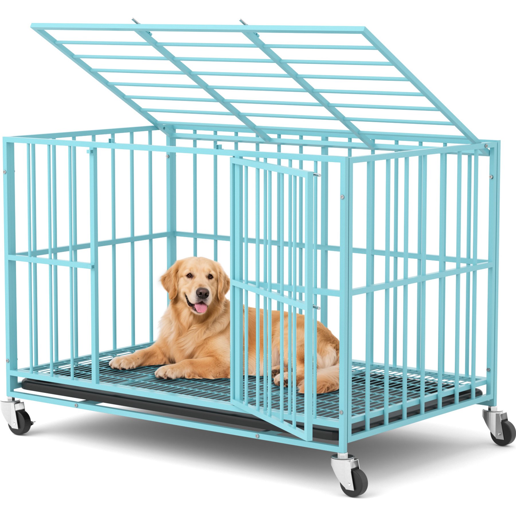 Xbrigh Indoor Heavy Duty Steel Escape Proof Double Door Dog Crate with Removable Tray & Wheels, Blue, 48 inch
