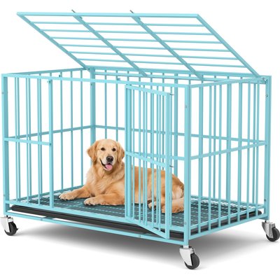 Xbrigh Indoor Heavy Duty Steel Escape Proof Double Door Dog Crate with Removable Tray & Wheels, Blue, 48 inch