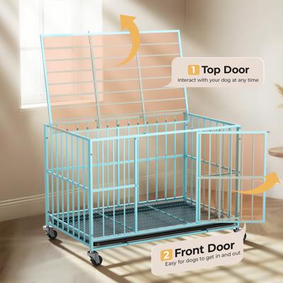 Show full view: Xbrigh Indoor Heavy Duty Steel Escape Proof Double Door Dog Crate with Removable Tray & Wheels, Blue, 48 inch slide 3 of 9