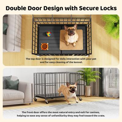 Show full view: Xbrigh Indoor Heavy Duty Steel Escape Proof Double Door Dog Crate with Removable Tray & Wheels, Black, 38 inch slide 5 of 9