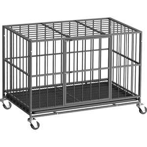 Xbrigh Indoor Heavy Duty Steel Escape Proof Double Door Dog Crate with Removable Tray & Wheels, Black, 38 inch
