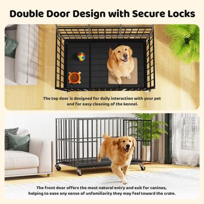Show full view: Xbrigh Indoor Heavy Duty Steel Escape Proof Double Door Dog Crate with Removable Tray & Wheels, Black, 48 inch slide 6 of 10