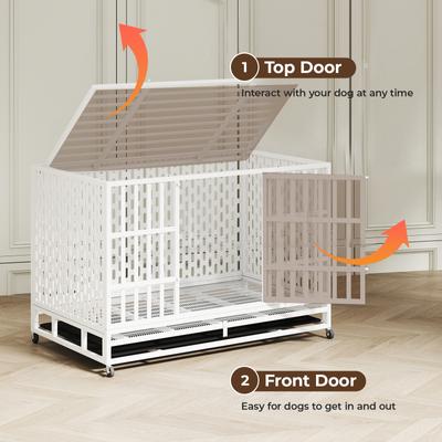 Show full view: Xbrigh Indoor Indestructible Heavy Duty Steel Escape Proof Double Door Dog Crate with Removable Tray & Wheels, White, 48 inch slide 2 of 5