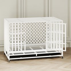 Xbrigh Indoor Indestructible Heavy Duty Steel Escape Proof Double Door Dog Crate with Removable Tray & Wheels, White, 48 inch