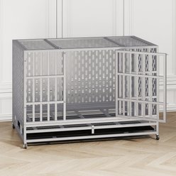 Xbrigh Indoor Indestructible Heavy Duty Steel Escape Proof Double Door Dog Crate with Removable Tray & Wheels, Silver, 48 inch