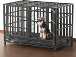 Xbrigh Heavy Duty Indestructible Escape Proof Steel Three Door Dog Crate with Wheels, Removable Tray & Baffle, Black, Large: 48 inch