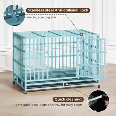 Show full view: Xbrigh Heavy Duty Indestructible Escape Proof Steel Double Door Dog Crate with Wheels & Removable Tray, Large: 48 inch, Blue slide 5 of 6