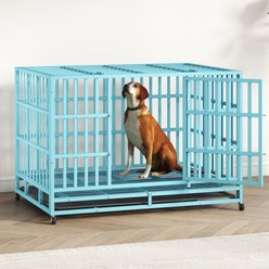 Xbrigh Heavy Duty Indestructible Escape Proof Steel Double Door Dog Crate with Wheels & Removable Tray, Large: 48 inch, Blue