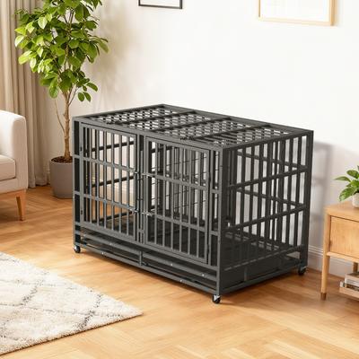 Show full view: Xbrigh Heavy Duty Indestructible Escape Proof Steel Three Door Dog Crate with Wheels, Removable Tray & Baffle, Black, Large: 48 inch slide 8 of 8