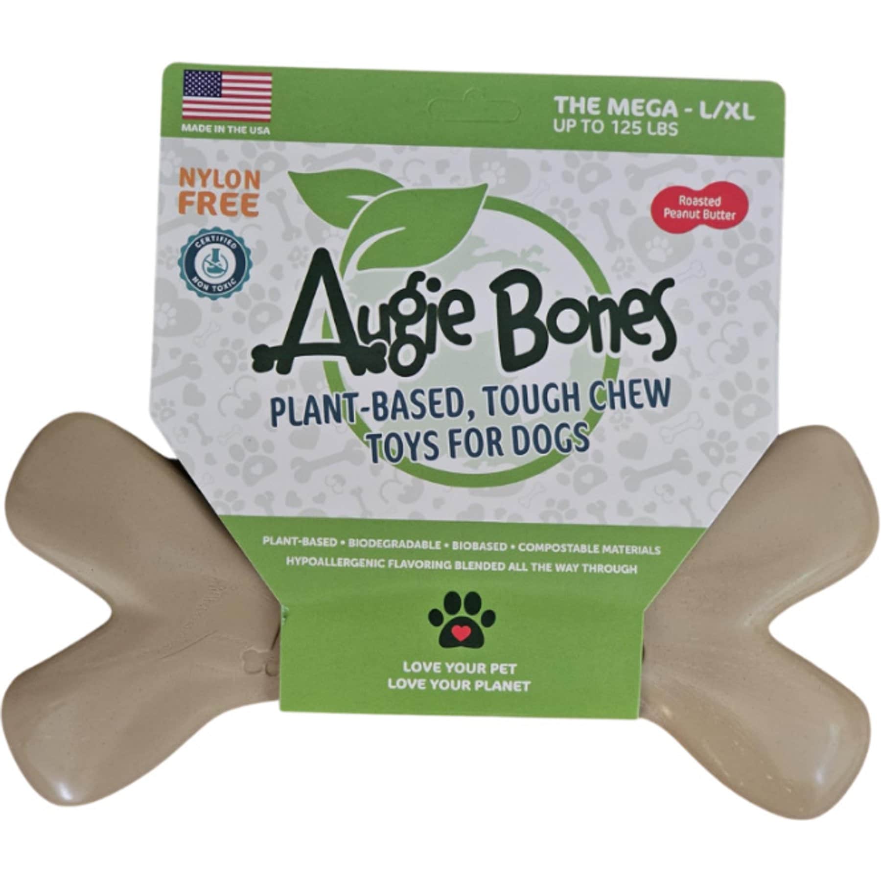 Augie Bones Mega Peanut Butter Plant Based Tough Dog Chew Toy, Tan, 9.5-in, 1 count