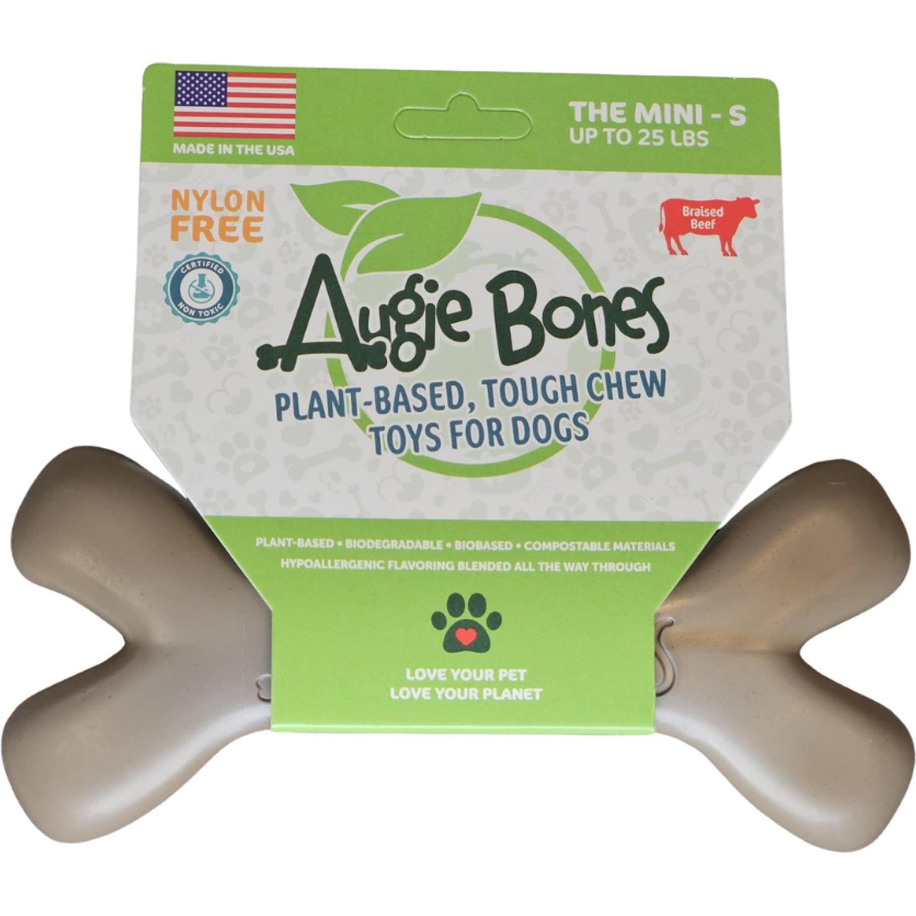 Augie Bones Mini Beef Plant Based Tough Dog Chew Toy, Brown, 6.5-in, 1 count