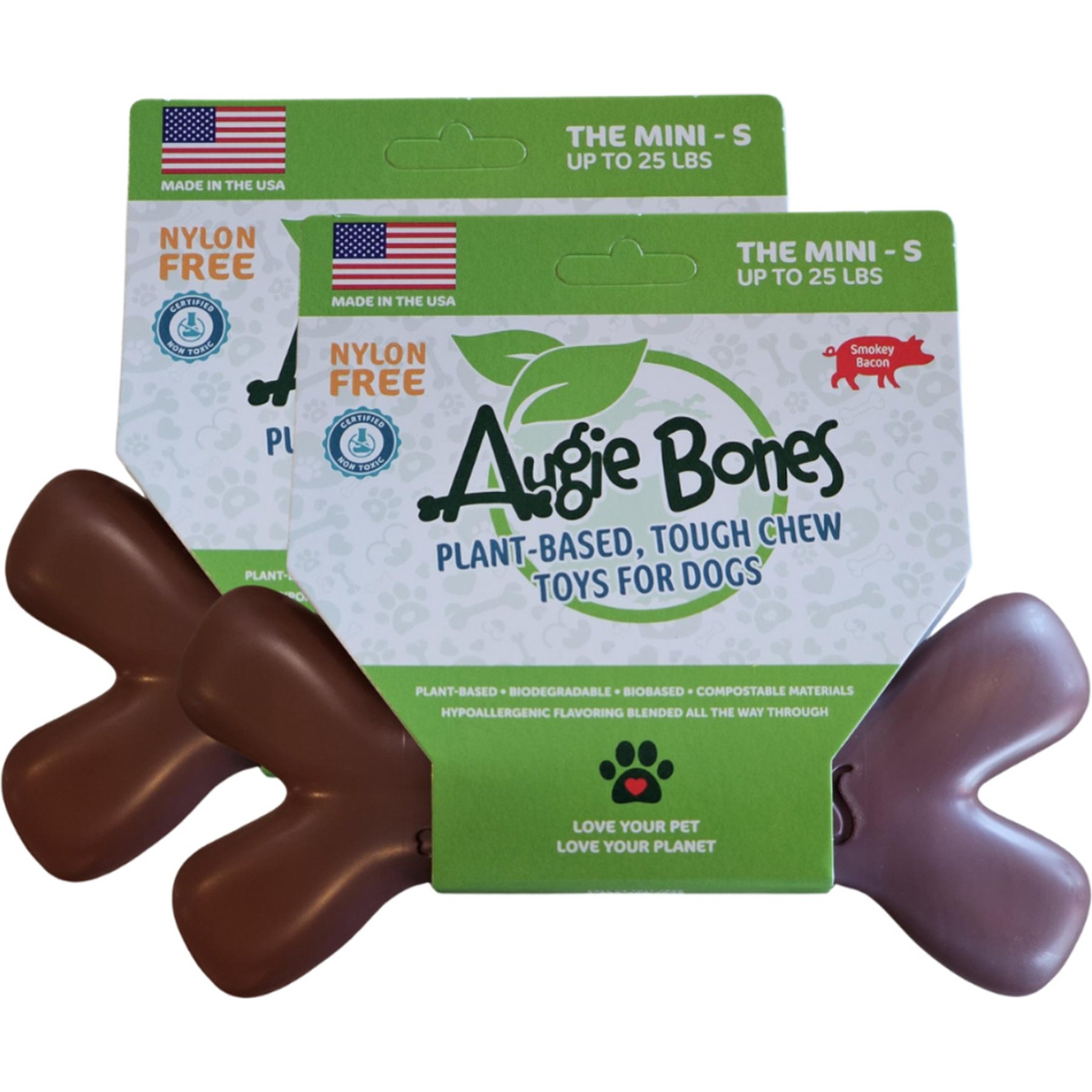 Augie Bones Mini Bacon Plant Based Tough Dog Chew Toy, Brick Red, 6.5-in, 2 count