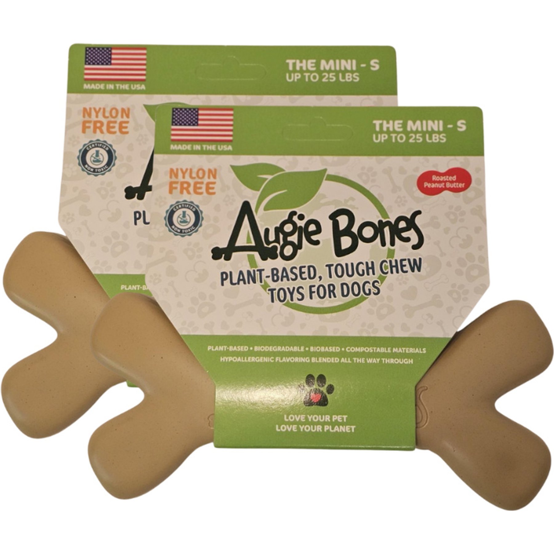 Augie Bones Mini Peanut Butter Plant Based Tough Dog Chew Toy, Tan, 6.5-in, 2 count