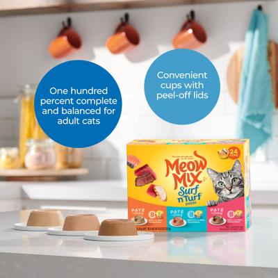 Show full view: Meow Mix Pate in Gravy Surf n Turf Variety Pack Wet Cat Food, 2.75-oz cup, case of 24 slide 6 of 11