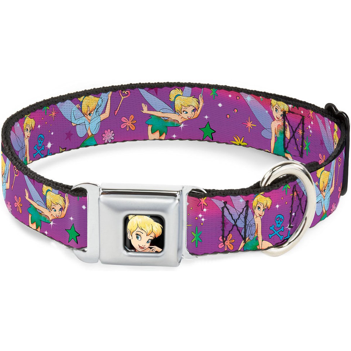 Buckle-Down Disney Tinker Bell Poses Flowers Stars Skull Dog Collar, Medium: 16 to 23-in neck, 1.5-in wide