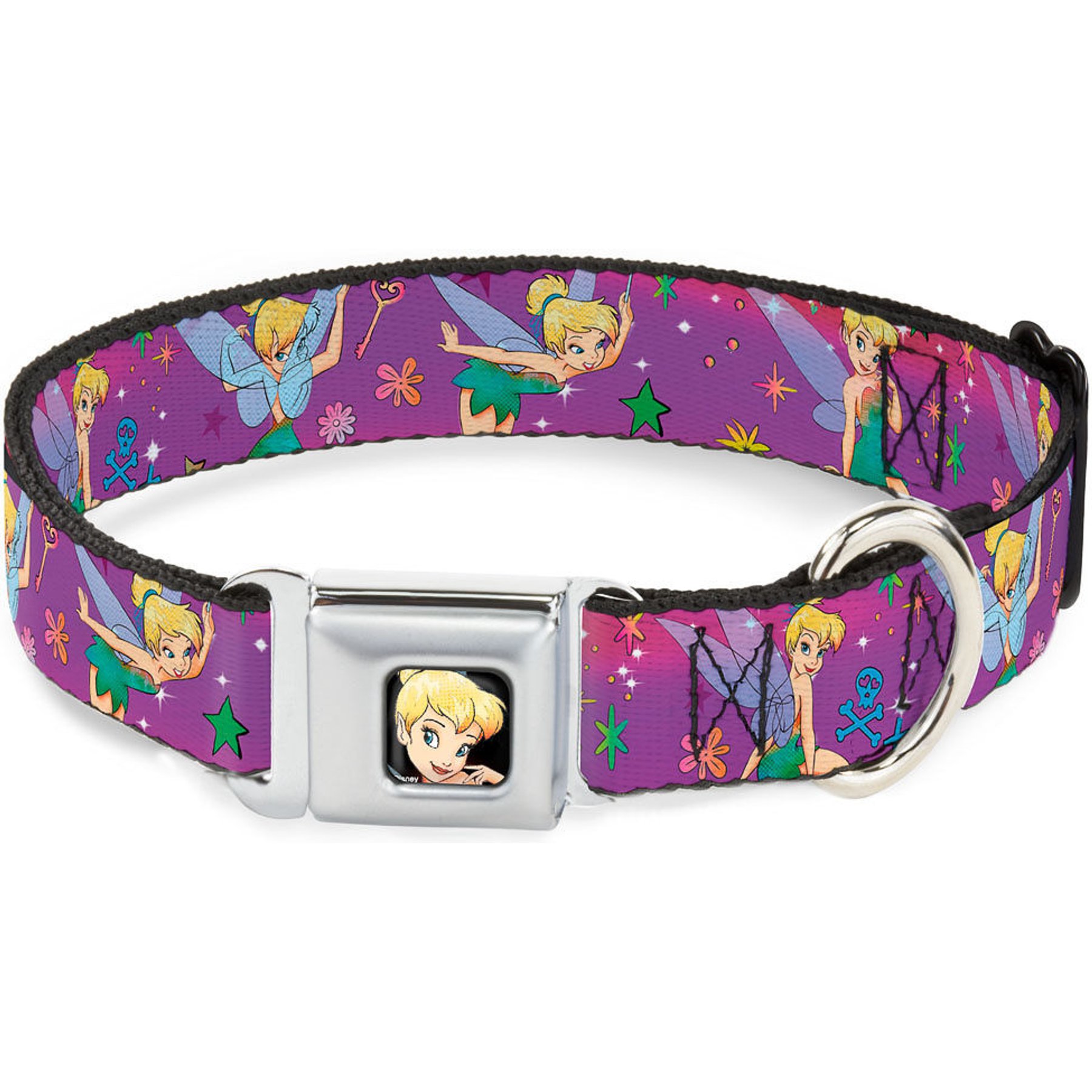 Buckle-Down Disney Tinker Bell Poses Flowers Stars Skull Dog Collar, Medium: 16 to 23-in neck, 1.5-in wide